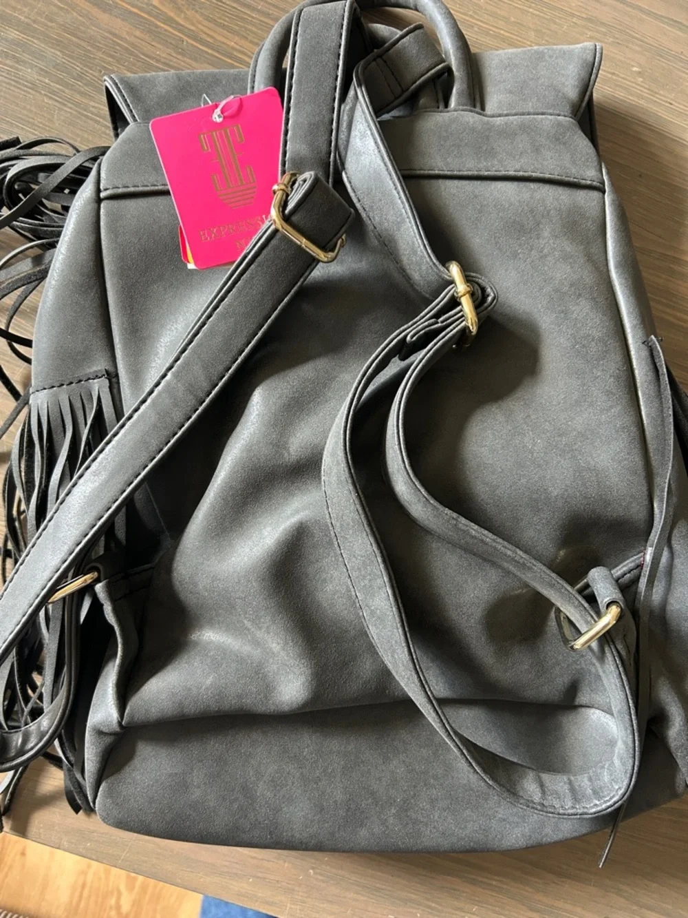 NWT Expressions NYC Grey Fringe Backpack with Drawstring/Button Flap